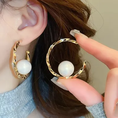 Korean Simple Big Pearl Ball Hoop Earrings